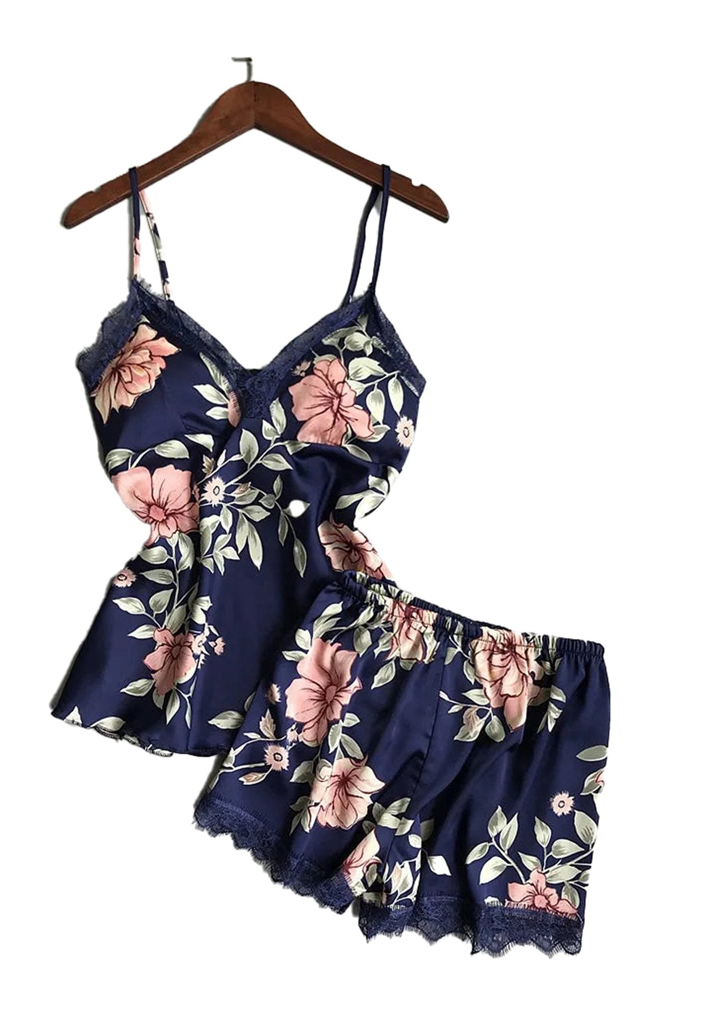 LuckeLadybug women silk satin lace sleepwear set in floral design featuring a camisole and shorts