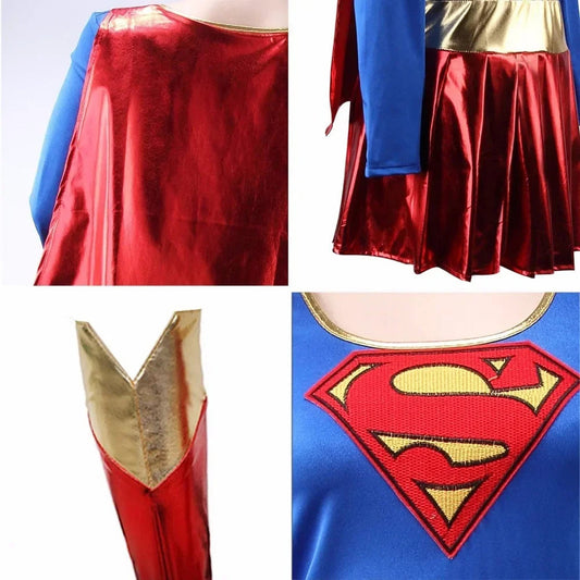 Women supergirl costume featuring a red cape and skirt with iconic Superman logo design