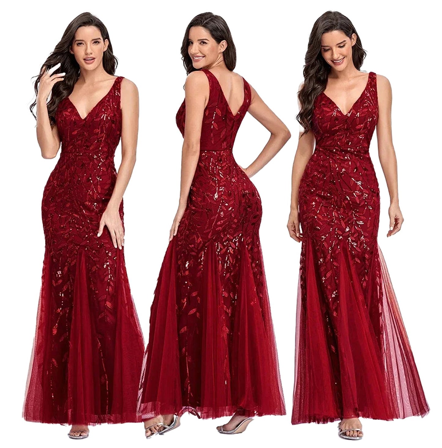 Elegant women's beaded evening gown in red with a fitted bodice and flowing tulle skirt