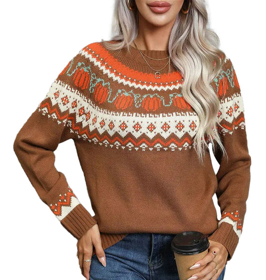 Women's Christmas knit sweater in brown with festive pumpkin design and cozy fit