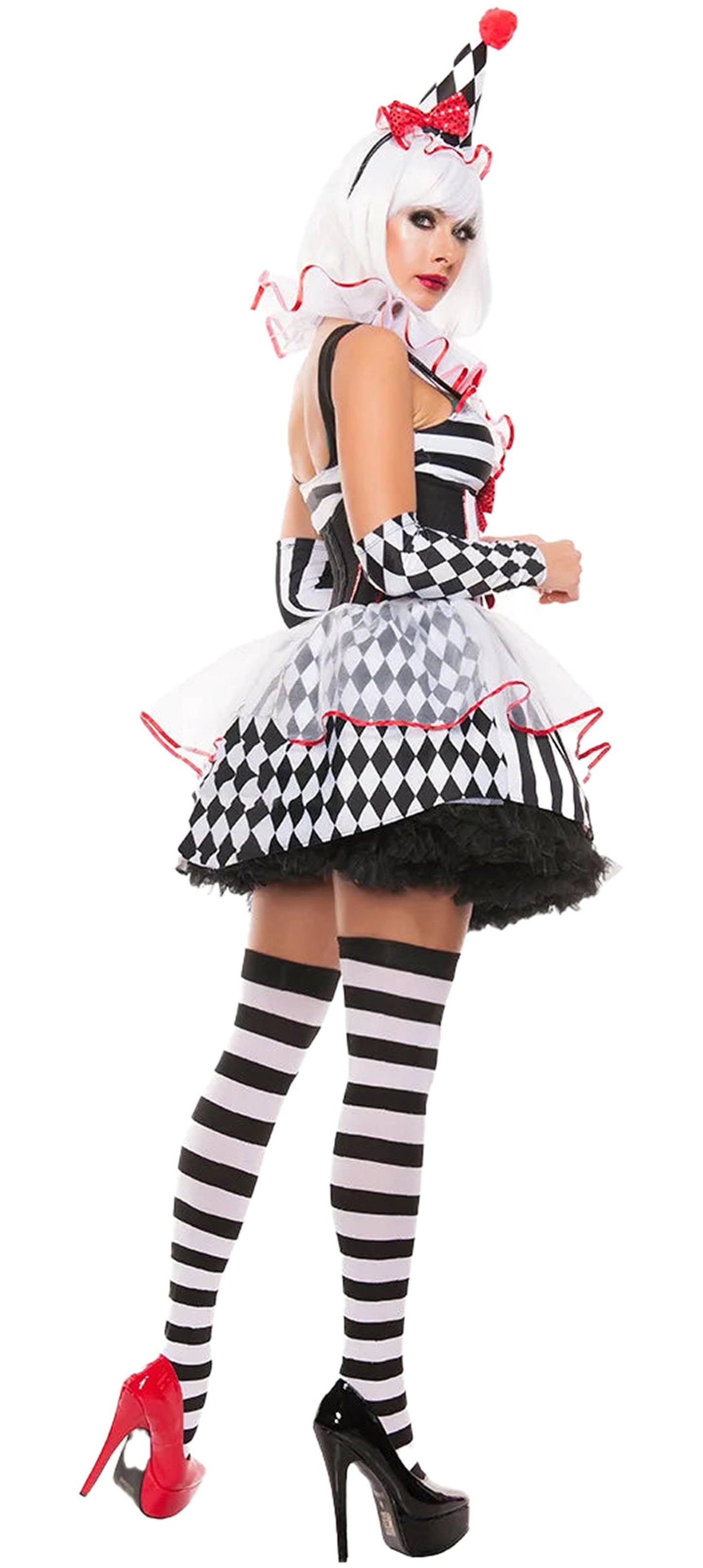 Women's clown costume Halloween with striped details and playful accessories for festive occasions