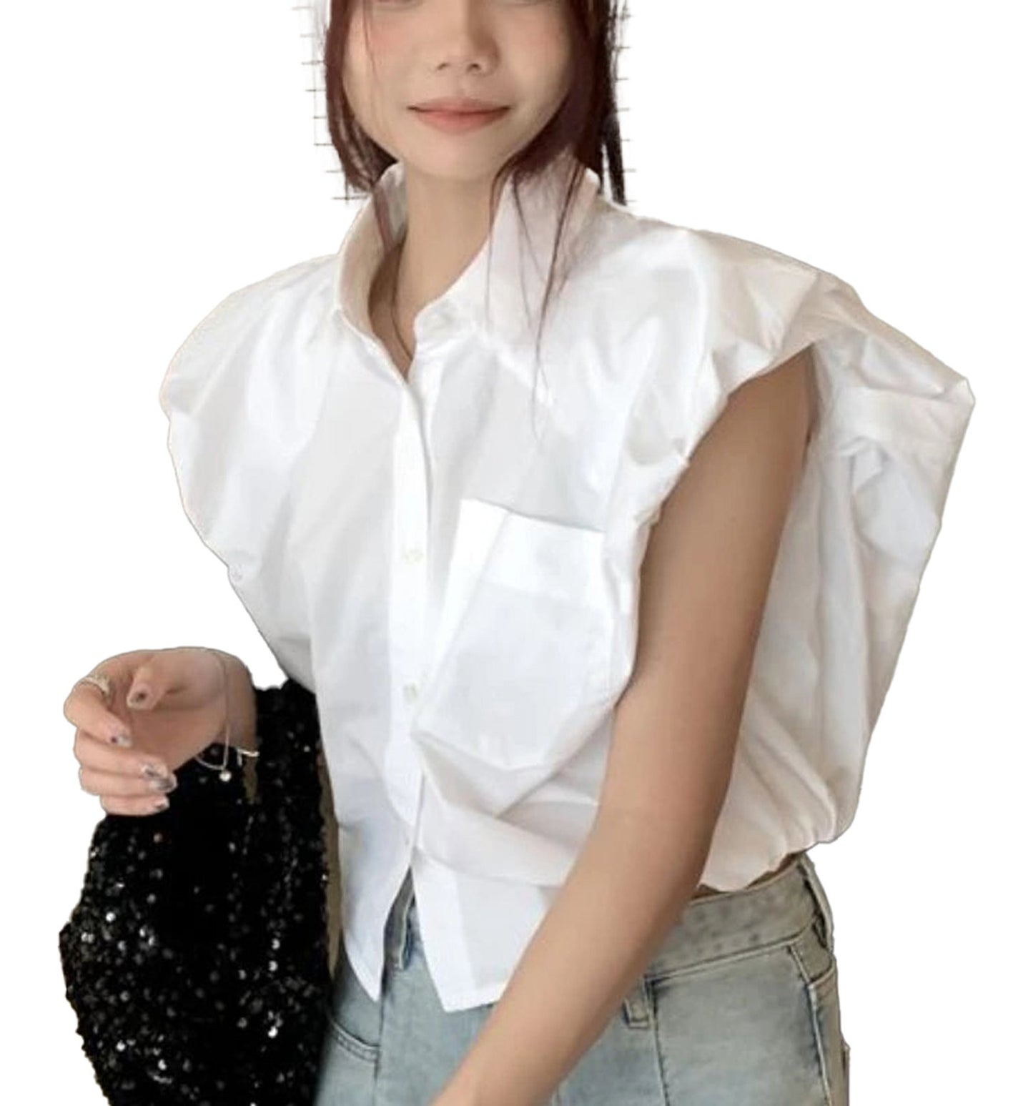 LuckeLadybug LLC women's crop top shirt in white with unique puffed sleeves and button closure