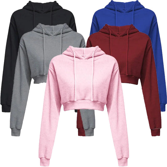 Variety of women's cropped hoodie sweatshirt in multiple colors including pink, black, grey, blue, and maroon