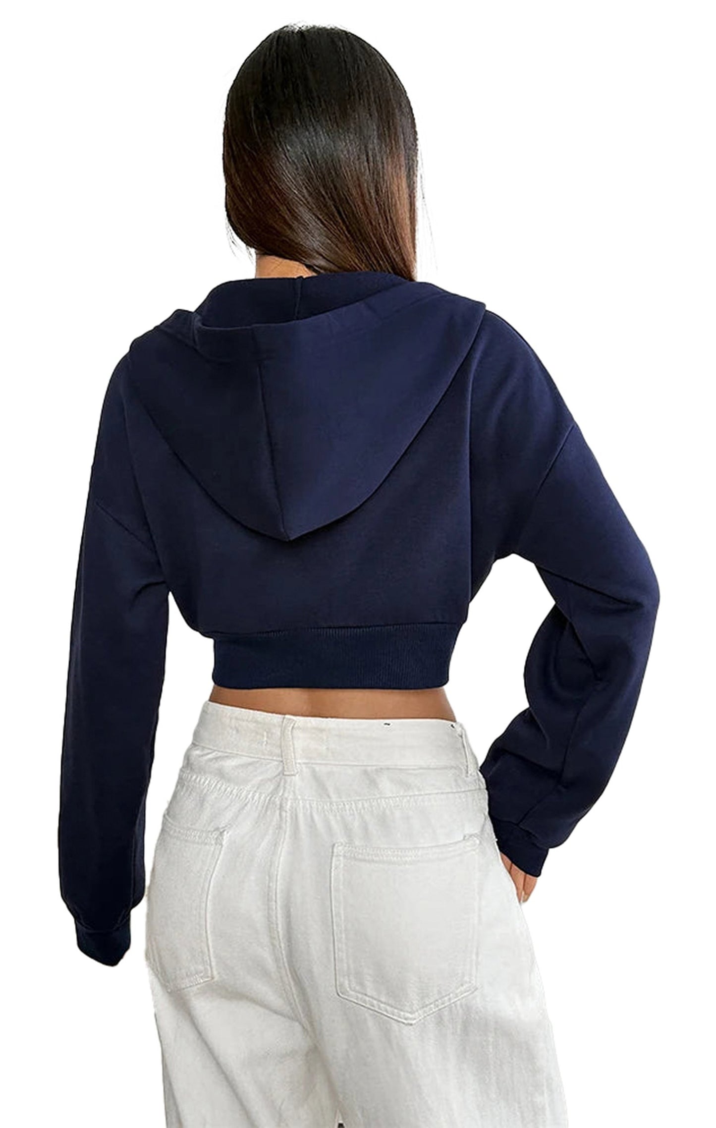 Rear view of a women's cropped zip up hoodie in navy, perfect for casual wear and layering.
