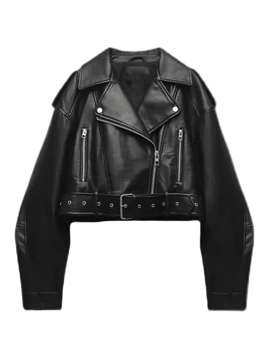 LuckeLadybug women's faux leather biker jacket with zipper pockets and belted waist