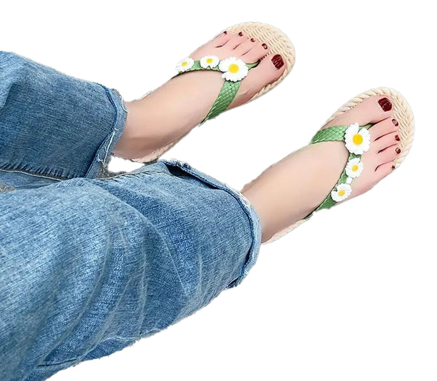 LuckeLadybug LLC women's floral slippers for beach with daisies and green straps