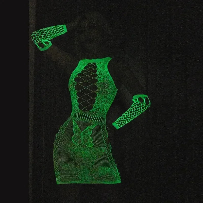 Women's glow in the dark bodystocking by LuckeLadybug with intricate lace design and long sleeves