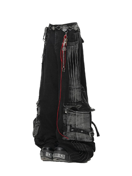 LuckeLadybug women's gothic cargo jeans in black with unique pockets and chains for alternative fashion lovers