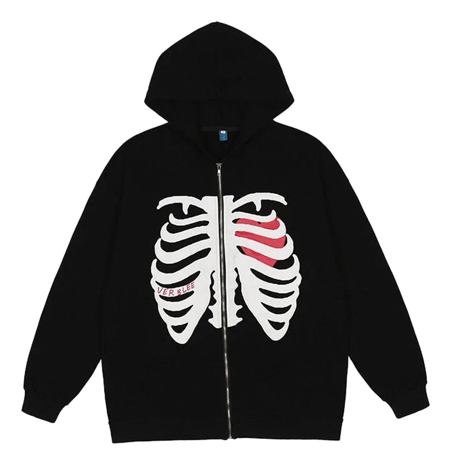 Women's gothic zip up hoodie featuring a bold skeleton ribcage design on a black background