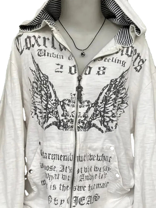 LuckeLadybug women's grunge zip up hoodie in white with unique graphic and striped hood design