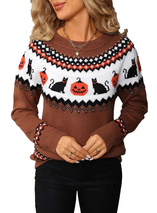 LuckeLadybug LLC women's Halloween sweater featuring black cats and pumpkins on a cozy brown backdrop