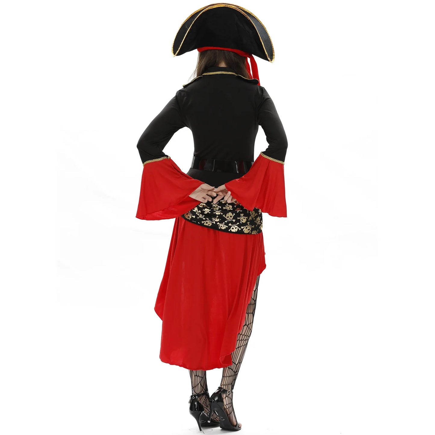 Women’s pirate costume Halloween featuring a stylish black coat and red accents, perfect for spooky celebrations
