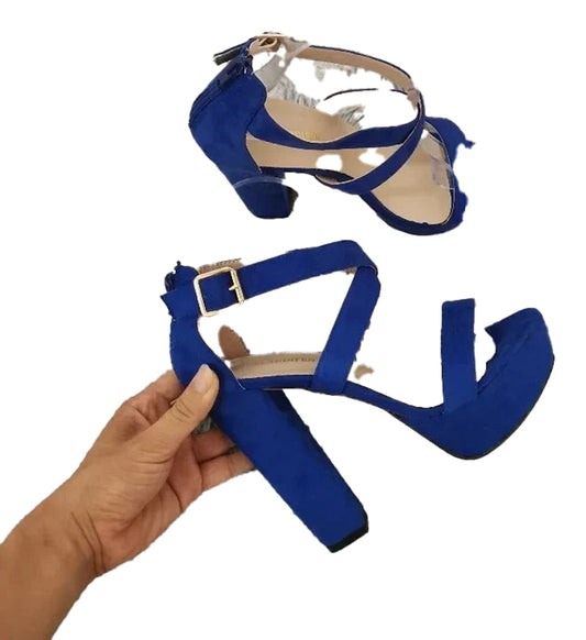 Blue women's platform high heel sandals with ankle strap and chunky heels by LuckeLadybug LLC