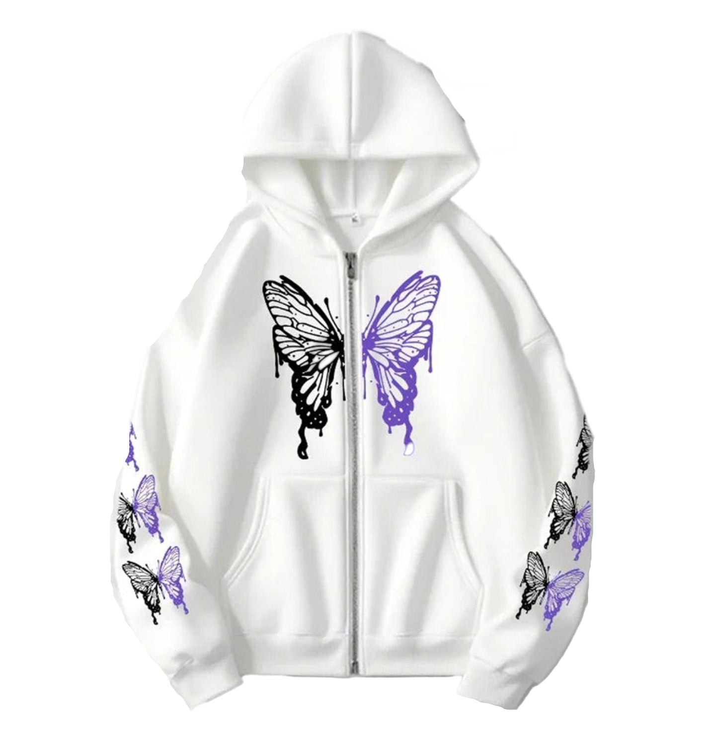 Women's printed hoodie zip up in white with butterfly design and stylish black details