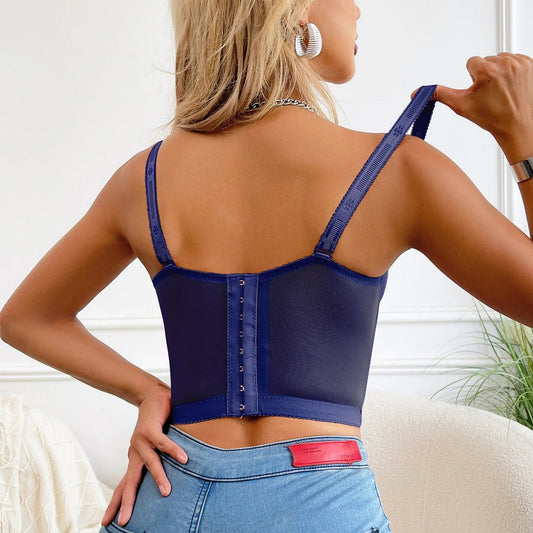 Navy women's push up corset top with adjustable straps and back hook closure for a flattering fit