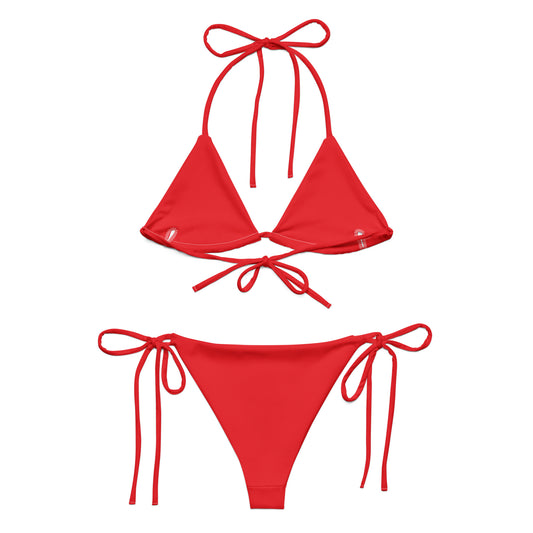 Women's red bikini set with triangle top and tie-side bottoms by LuckeLadybug LLC