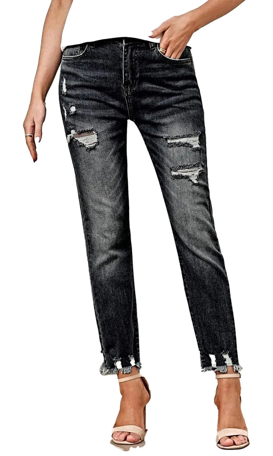 Womens ripped straight leg jeans in black with distressed detailing and frayed hems