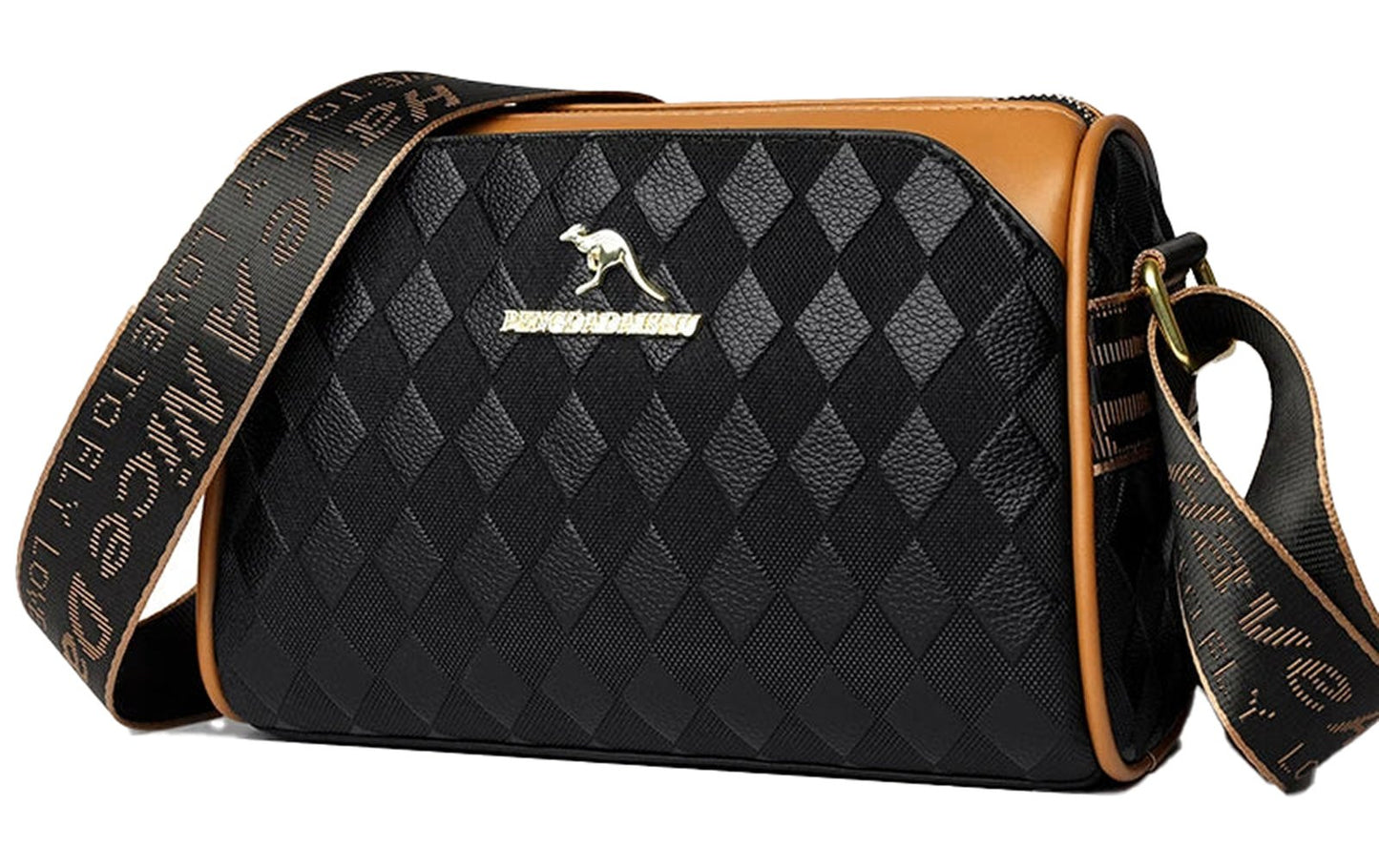 LuckeLadybug women's shoulder bag small satchel in black and tan with a stylish diamond pattern