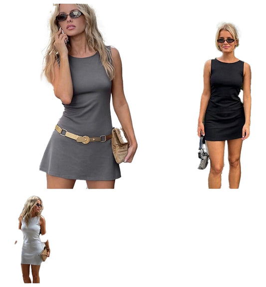 Three models showcasing women's sleeveless knit dress in gray, black, and white styles for versatile summer fashion