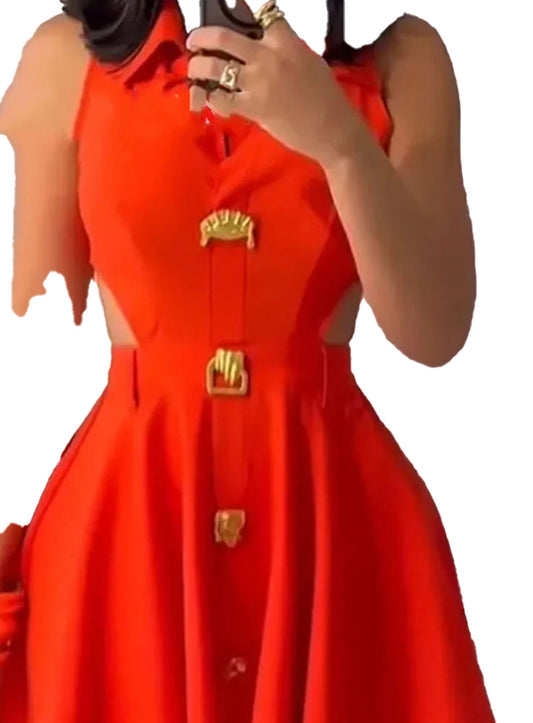 Women's sleeveless mini dress in vibrant red with stylish cutouts and gold accents