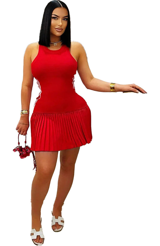 Trendy red women's sleeveless mini dress featuring a pleated skirt design for stylish summer wear
