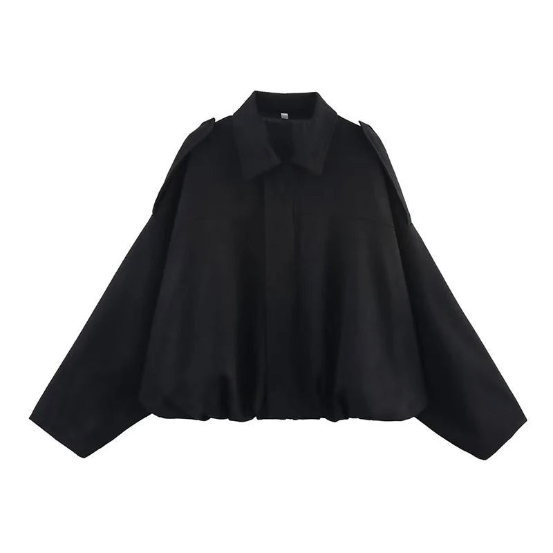 Black women's vintage bomber jacket with a stylish oversized fit and classic collar