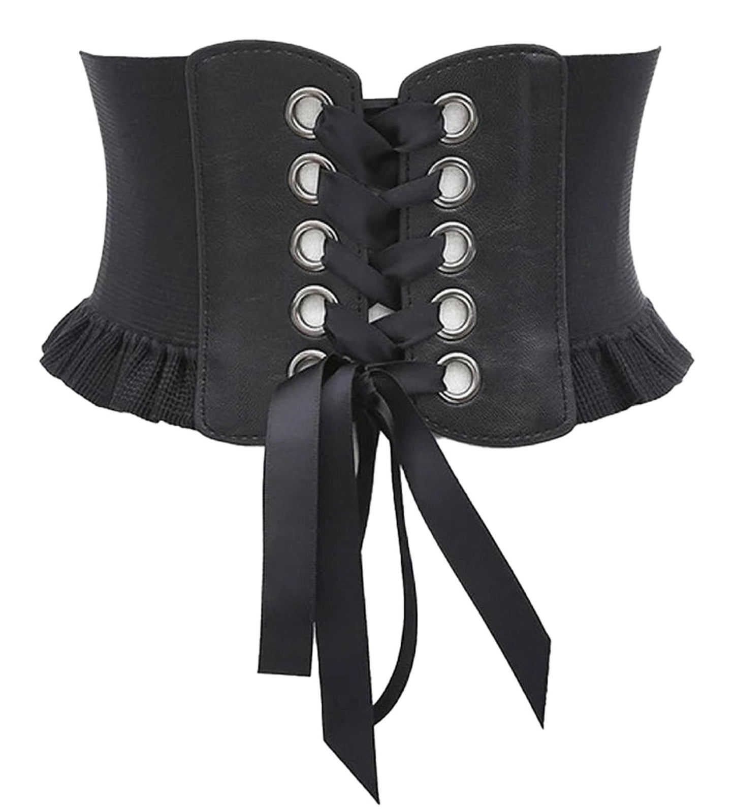 LuckeLadybug LLC women's wide corset belt with lace-up front and ruffled edges for stylish outfits