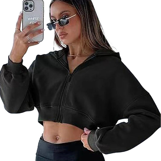 Women's zip hoodie oversized in black with a cropped fit, perfect for casual outings and comfortable wear.