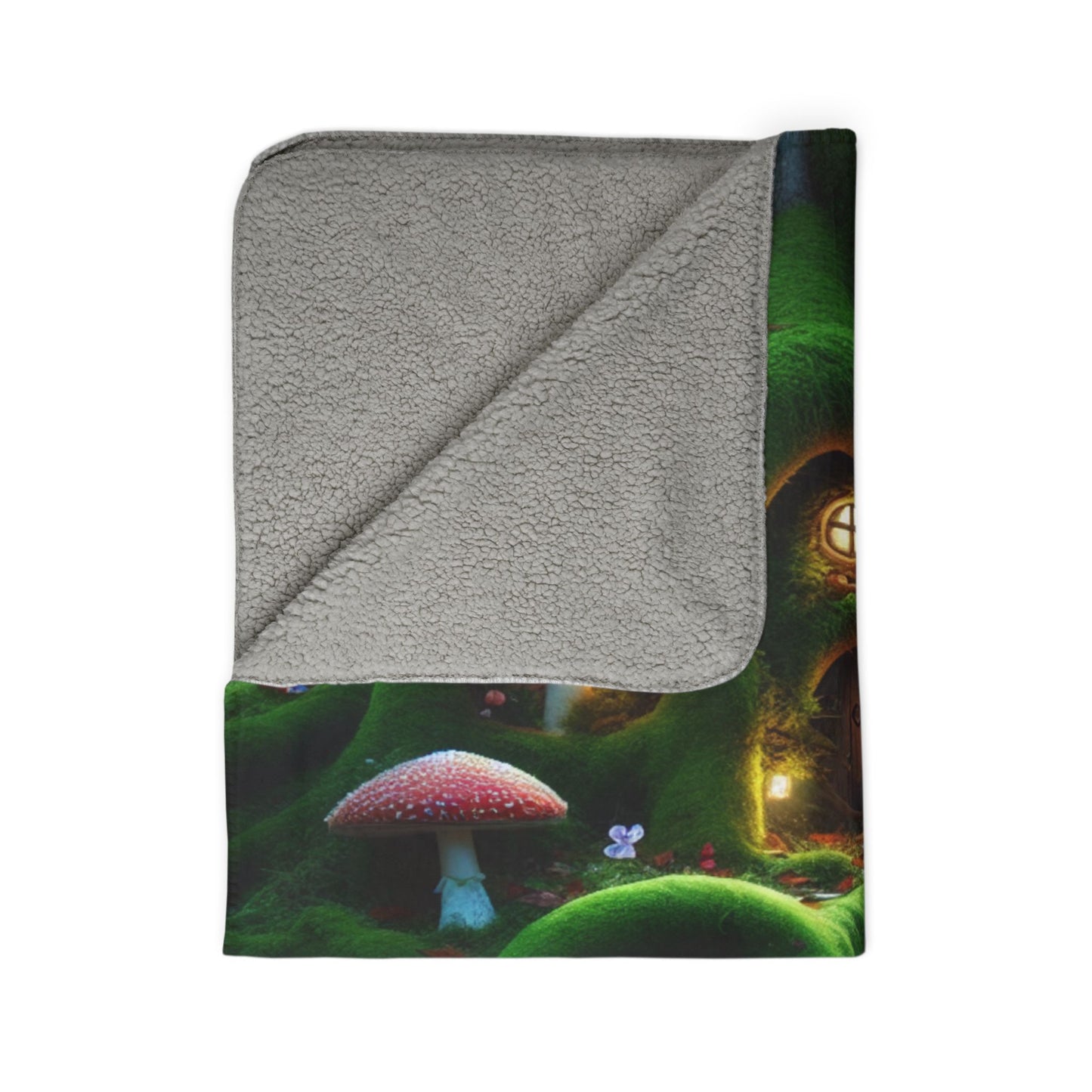 LuckeLadybug sherpa blanket with woodland fairy tale bedding design featuring mushroom and fairy house