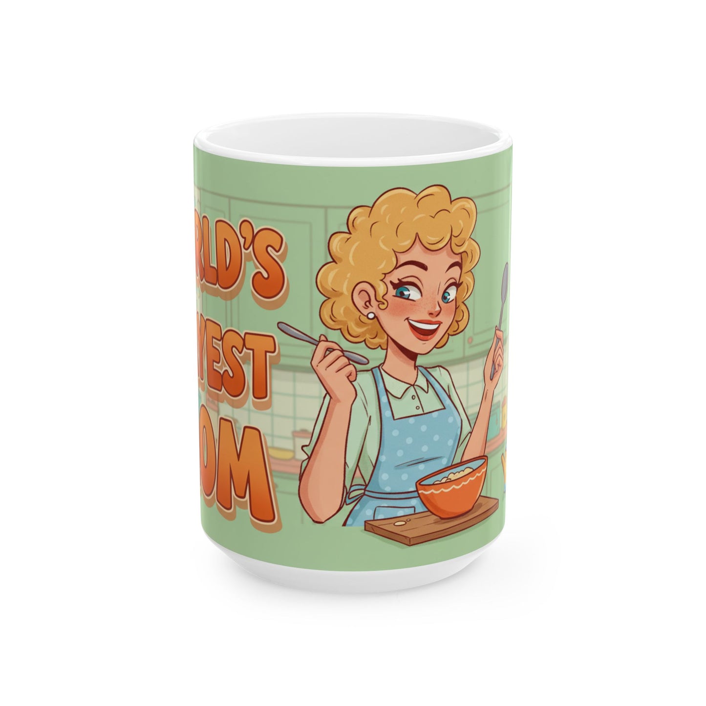 LuckeLadybug mug with cartoon woman and text worlds okayest mom gift on green background