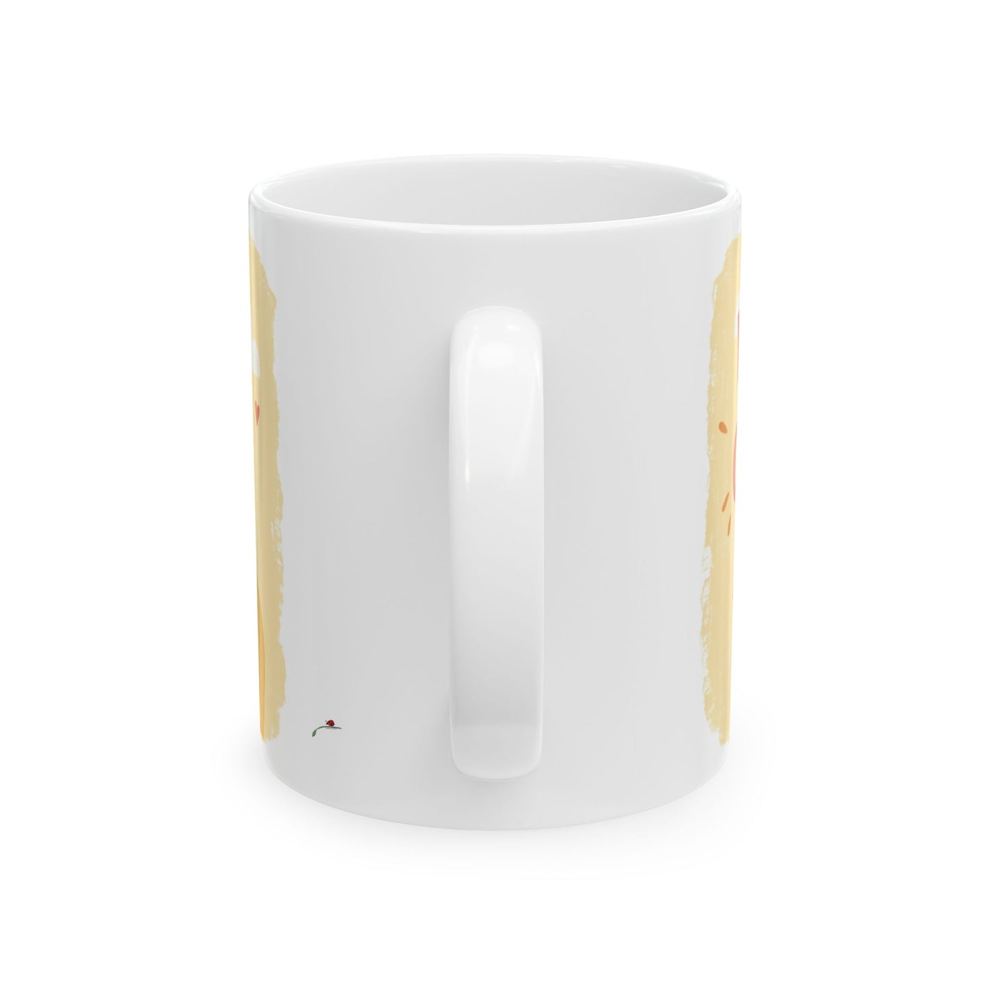 White ceramic Worlds Okayest Mom mug showing handle front and partial design sides
