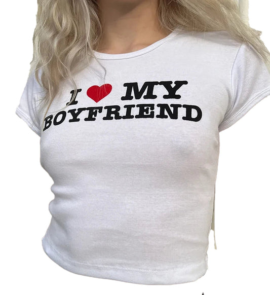 White Y2K crop top for women with I Love My Boyfriend graphic design