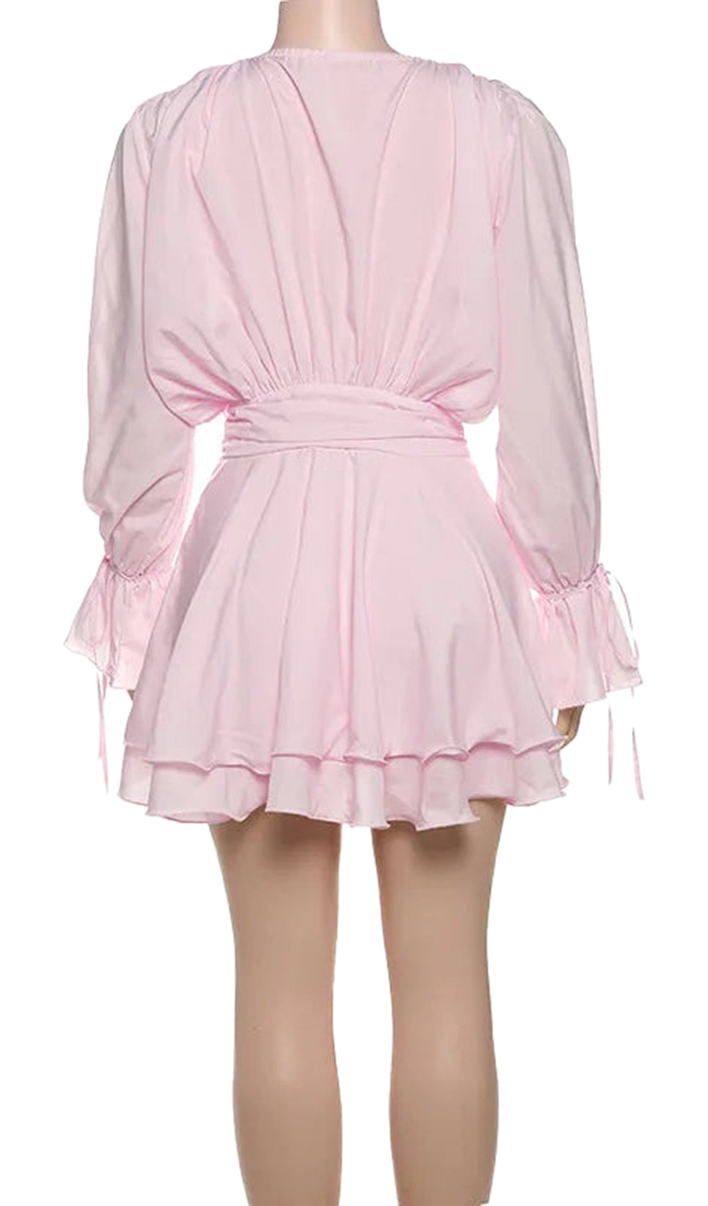 Back view of a pink Y2K ruffle mini dress for women with long sleeves and a cinched waist