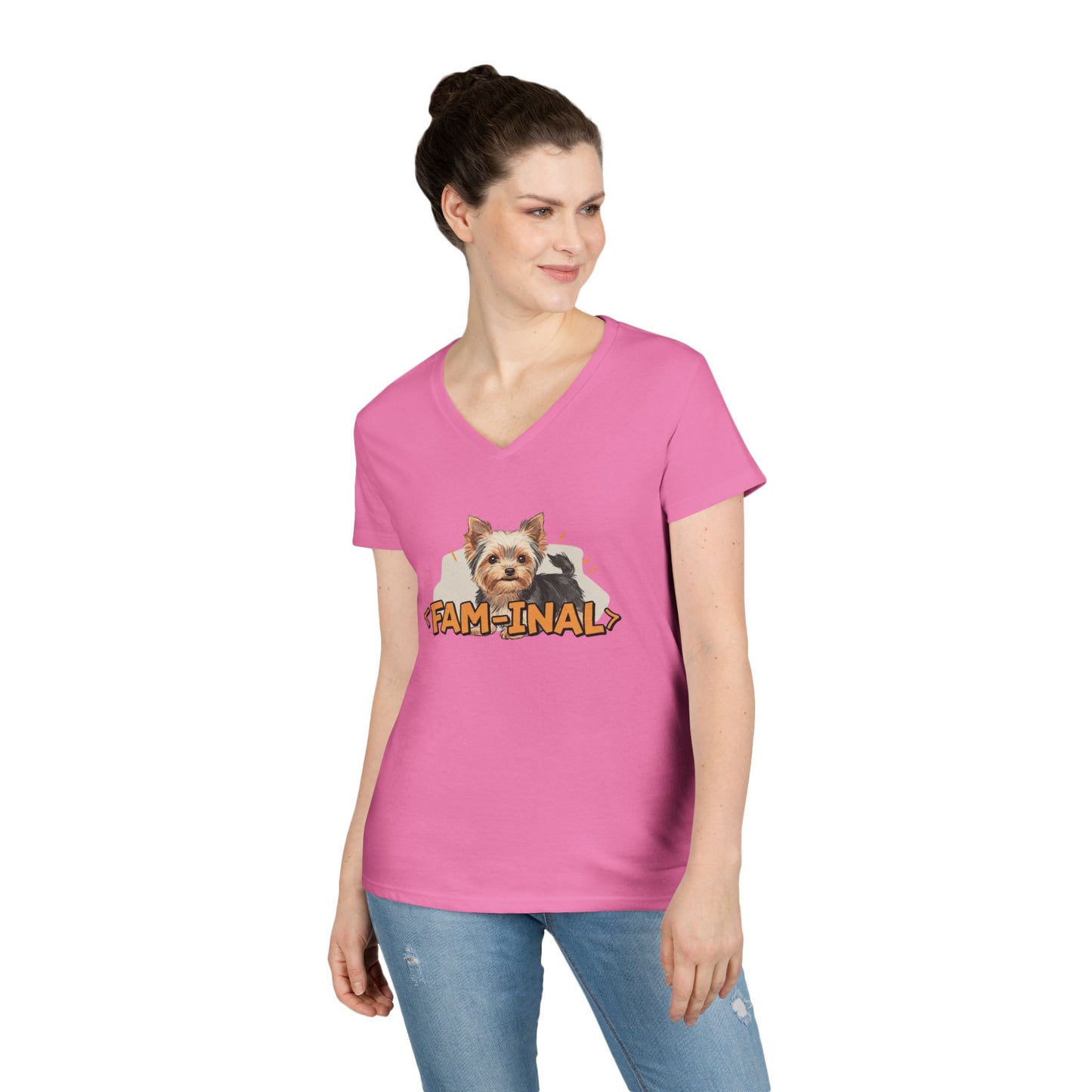 Yorkie V neck t shirt for women in pink with cute Yorkie dog graphic and casual fit by LuckeLadybug