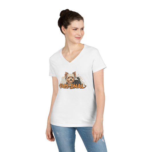 Yorkie V neck t shirt for women by LuckeLadybug featuring a cute Yorkie dog graphic on white fabric