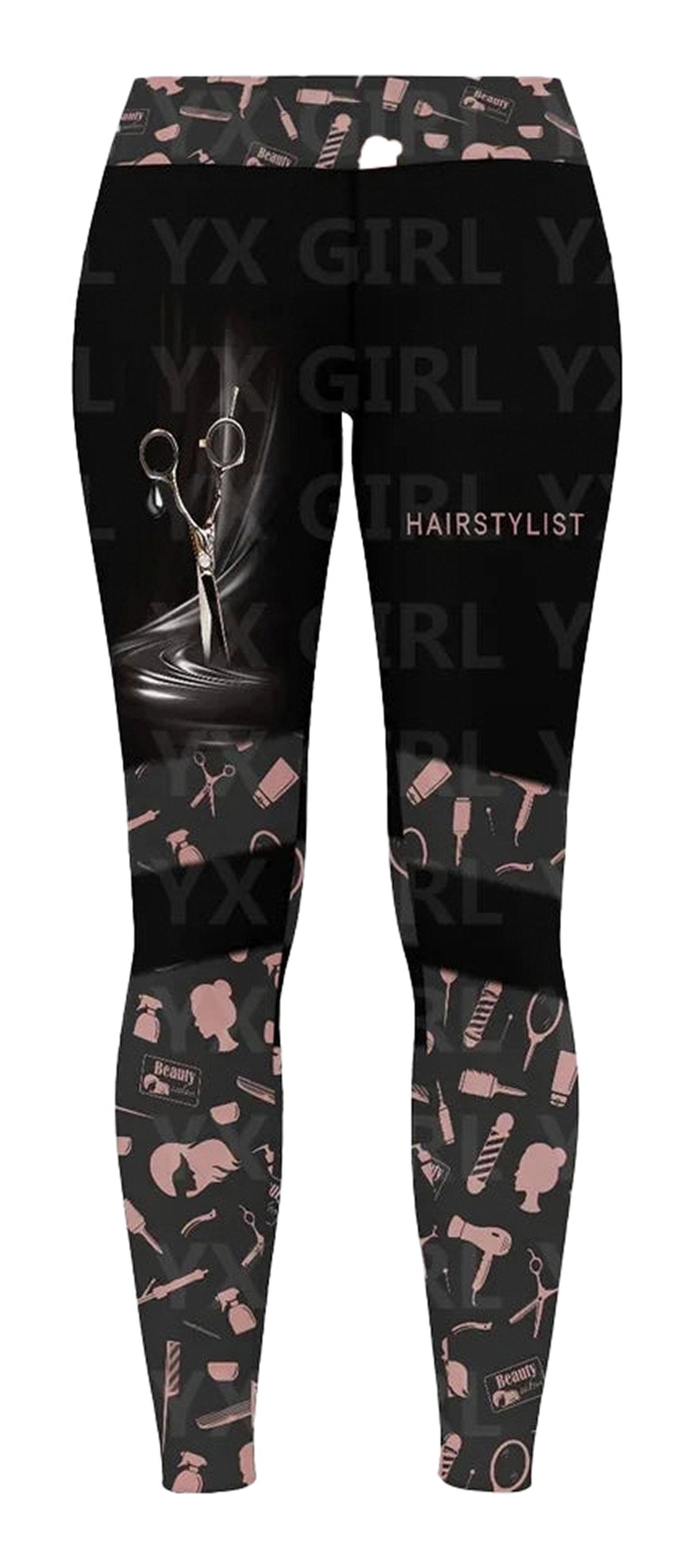 LuckeLadybug LLC hair stylist leggings for women featuring scissors and salon tools design