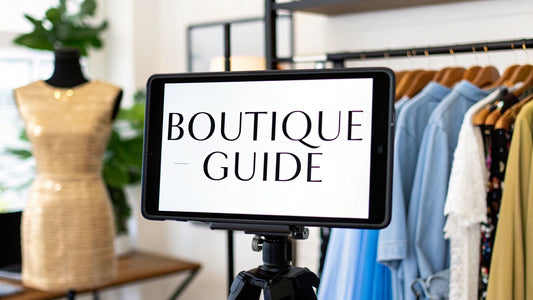 Tablet displaying boutique guide text next to clothing rack dress form in a boutique shop Your Guide to Online Clothing Boutiques