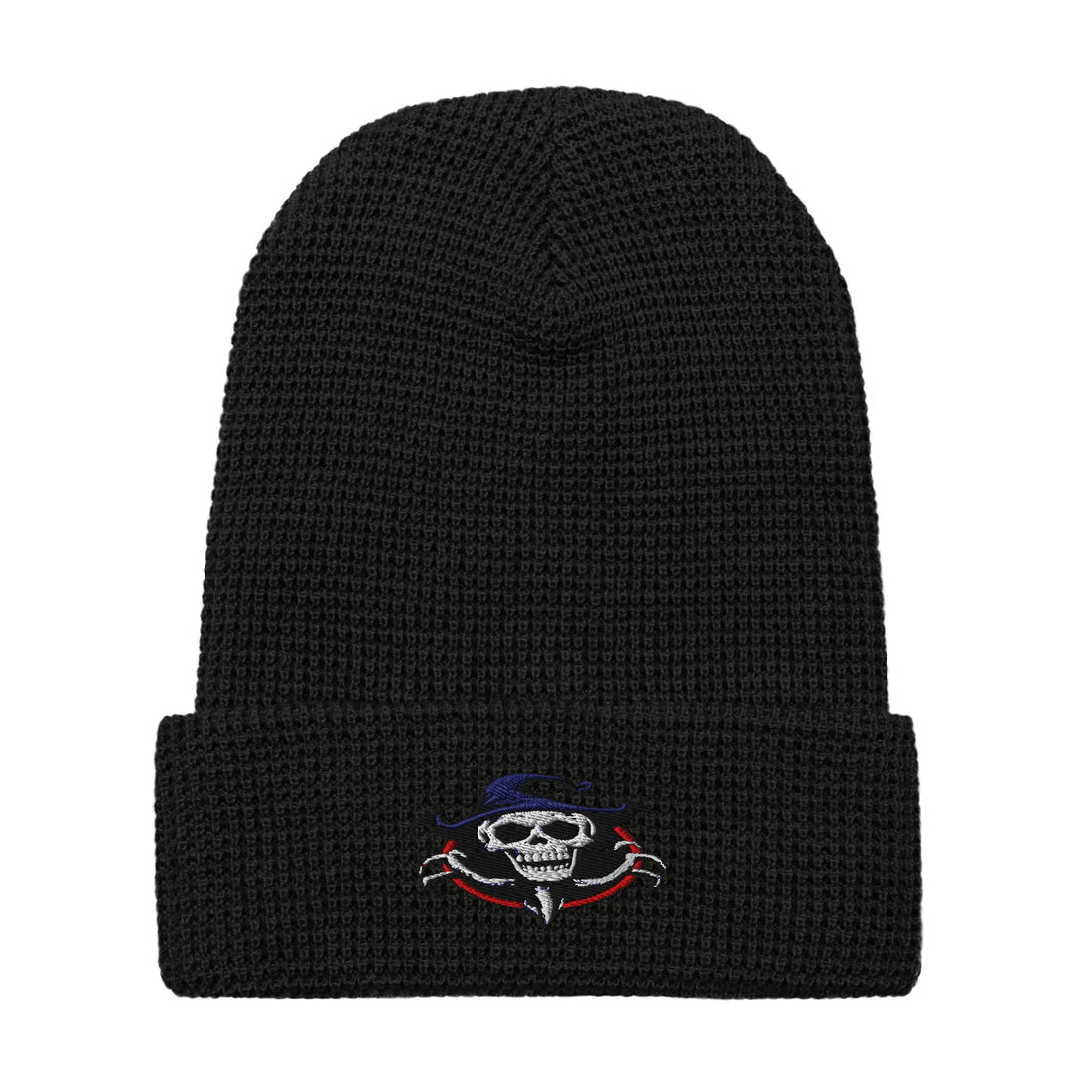 Luckeladybug Ghoul Skull Beanie Waffle Knit Hat with a unique skull design on a black background