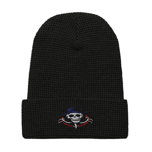 Luckeladybug Ghoul Skull Beanie Waffle Knit Hat with a unique skull design on a black background