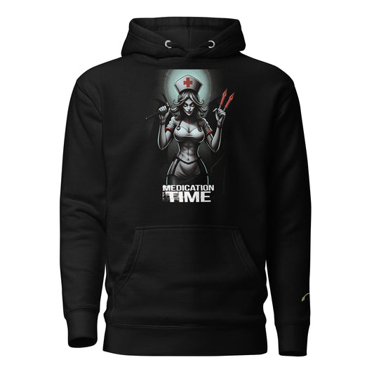 Evil Nurse Hoodie With Graphic Design featuring a nurse holding medical tools and a bold text graphic