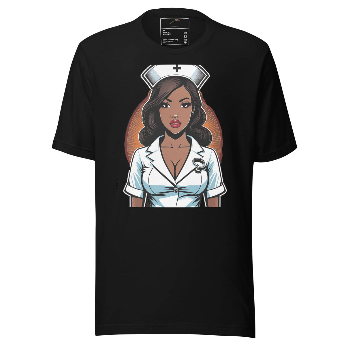 Heart Stopper Nurse Shirt T-Shirt featuring a stylish female nurse graphic on a black background