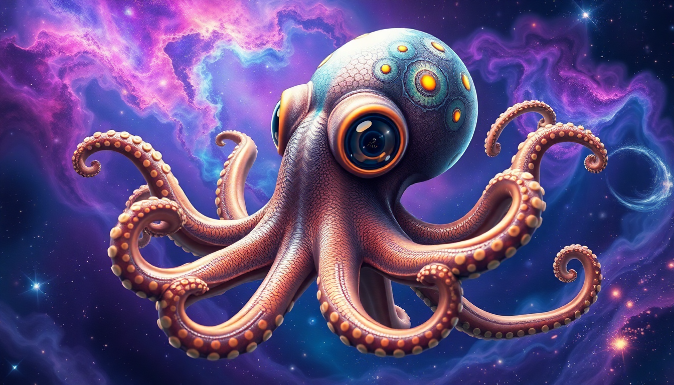 Colorful alien octopus in cosmic space background perfect for out of this world graphic tees design