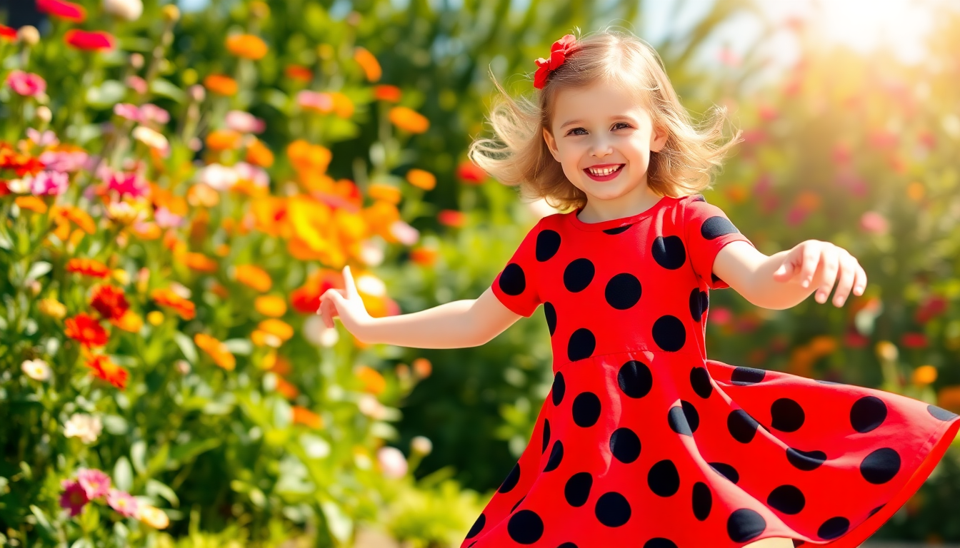 Smiling young girl wearing a cute ladybug dress for girls with black spots twirling outdoors in a garden
