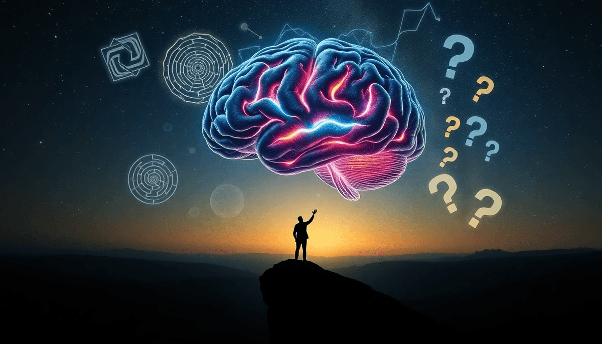 Person standing on hill at sunset with glowing brain and question marks representing best mind over matter apparel