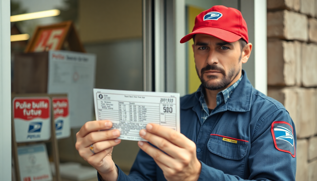 A postal worker holding a lottery ticket with suspicion