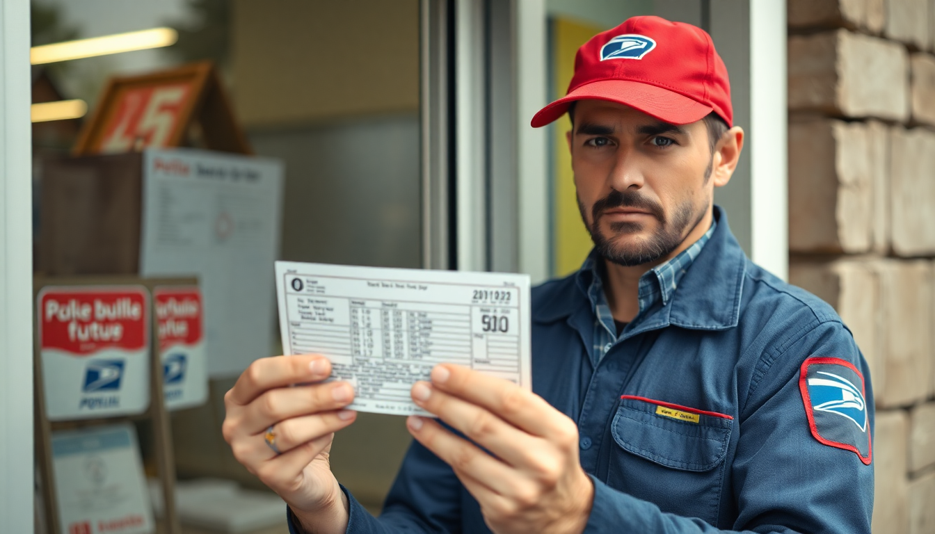 A postal worker holding a lottery ticket with suspicion