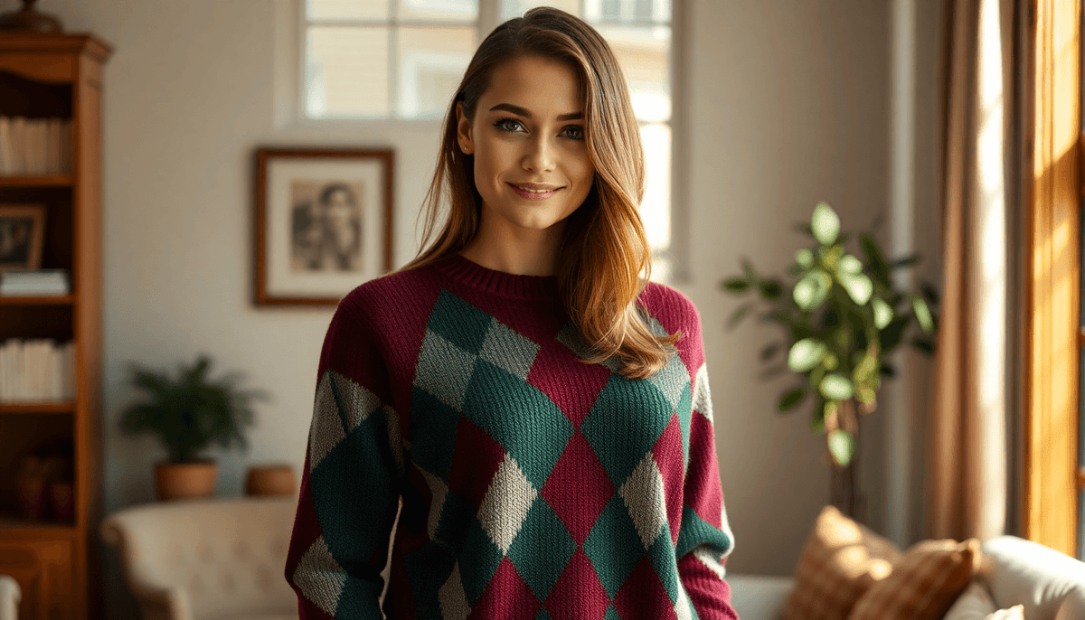 Woman wearing cozy argyle knitwear for women sweater in warm living room with natural light