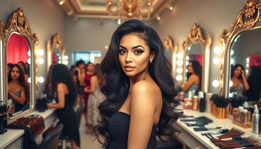 Woman with long wavy hair in a makeup room demonstrating how to style U-part wigs for a glamorous look