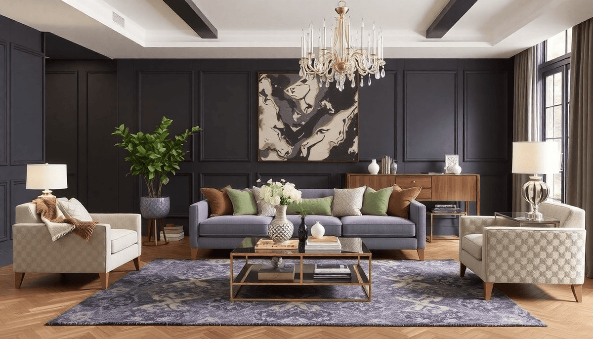 Elegant living room with high-quality furniture for living room including sofa, armchairs, and decorative elements