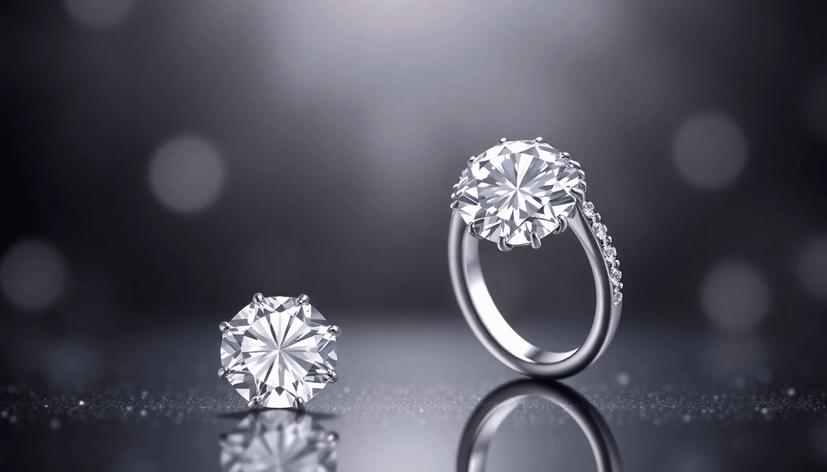 Elegant sustainable diamond jewelry online featuring a sparkling diamond ring and loose diamond on reflective surface